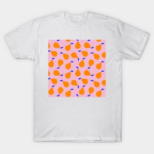 Orange pears with blue leaves on pink background T-Shirt